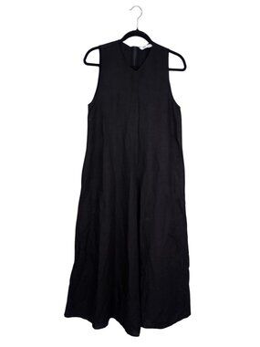 NWT Zara Black Sleeveless Midi Dress Pockets V-Neck Linen Blend Size S